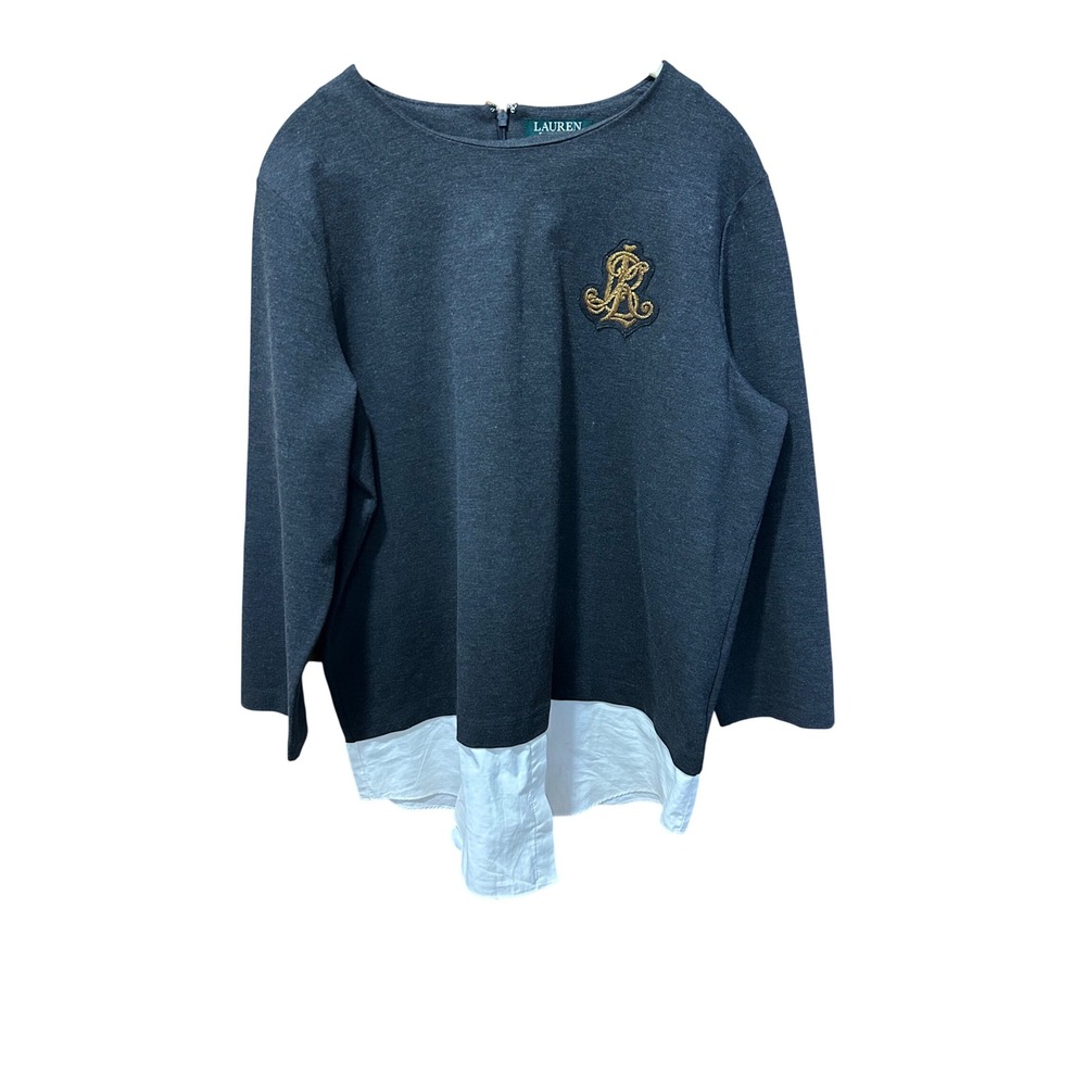 Vintage Lauren Ralph Lauren Grey Mixed Media Layered Top Gold Crest XL